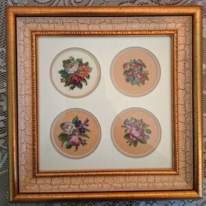 Petit Point Framed 4 Floral Bouquets -  Wall Art - Matted And Under Glass 3588